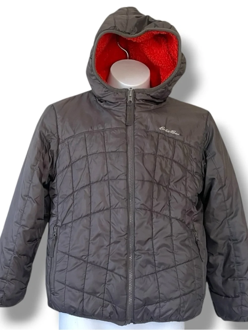 Eddie Bauer Reversible Jacket Kids S 7/8 Gray Puffer Orange Sherpa Hooded Coat